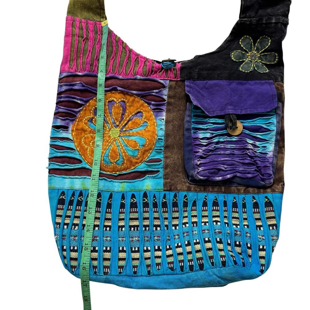 Boho Hippie Crossbody Tote Bag Multicolor Cotton Zipper Nepal Embroidered - Picture 5 of 8
